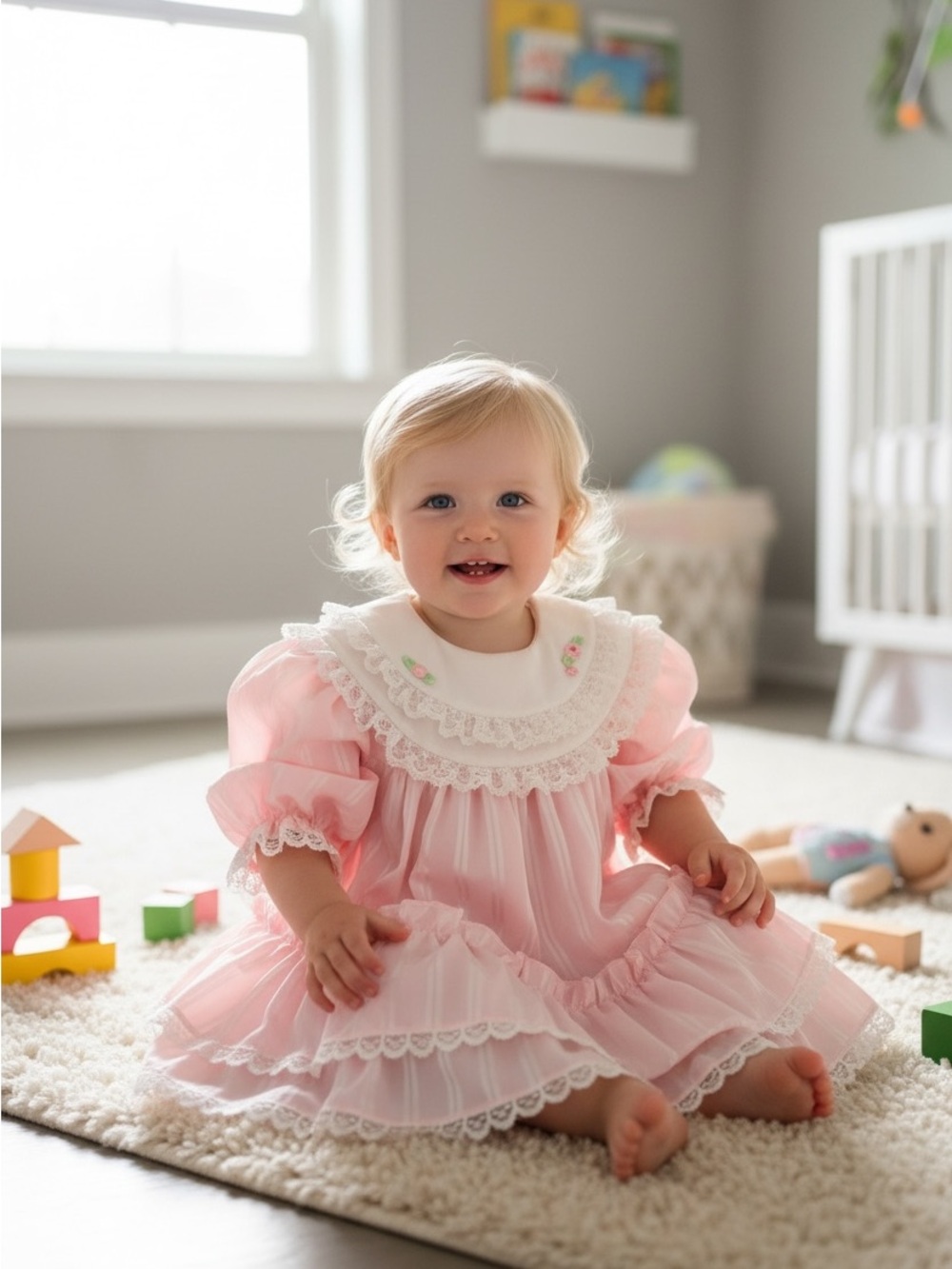 Vintage Bryan Pink Lace Trim Baby Dress with Tiered Tulle Skirt 18M - Picture 2 of 2